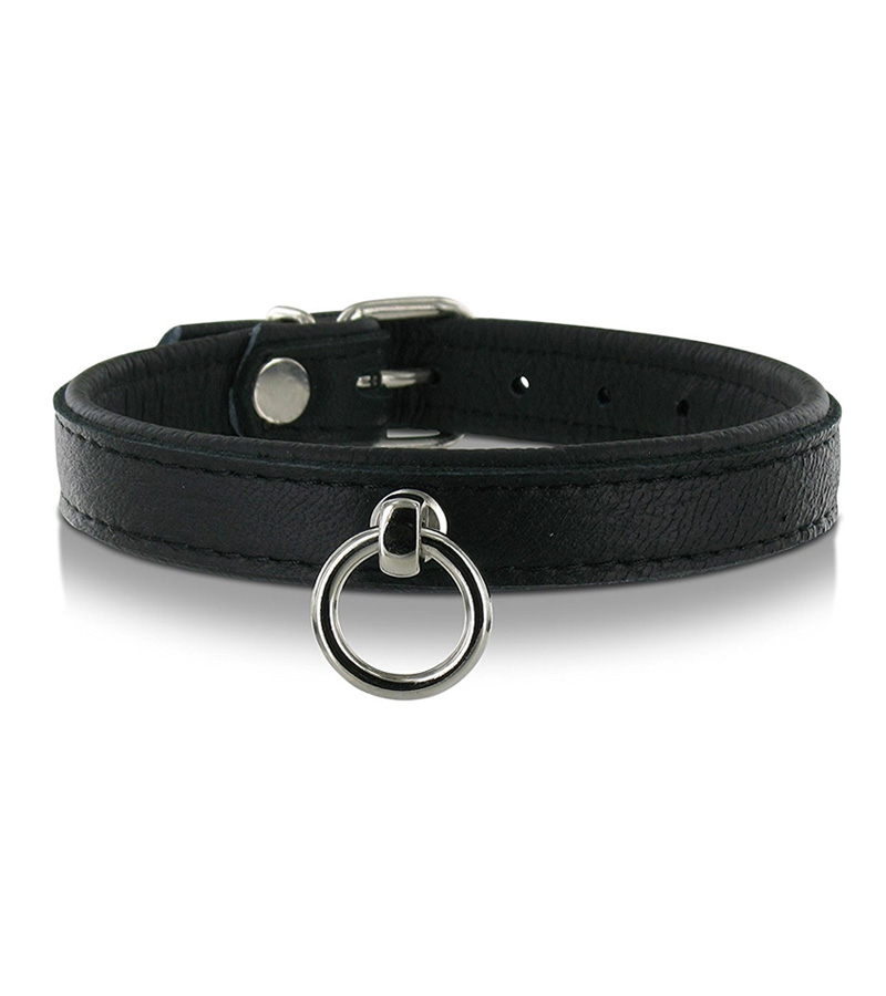 Slim Line Leather Collar with O-Ring-BLACK
