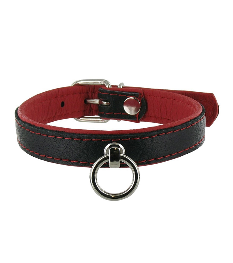 Slim Line Leather Collar with O-Ring-RED