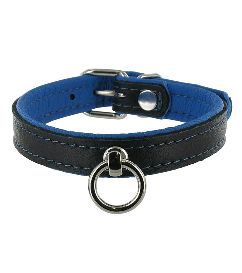 Slim Line Leather Collar with O-Ring-BLUE